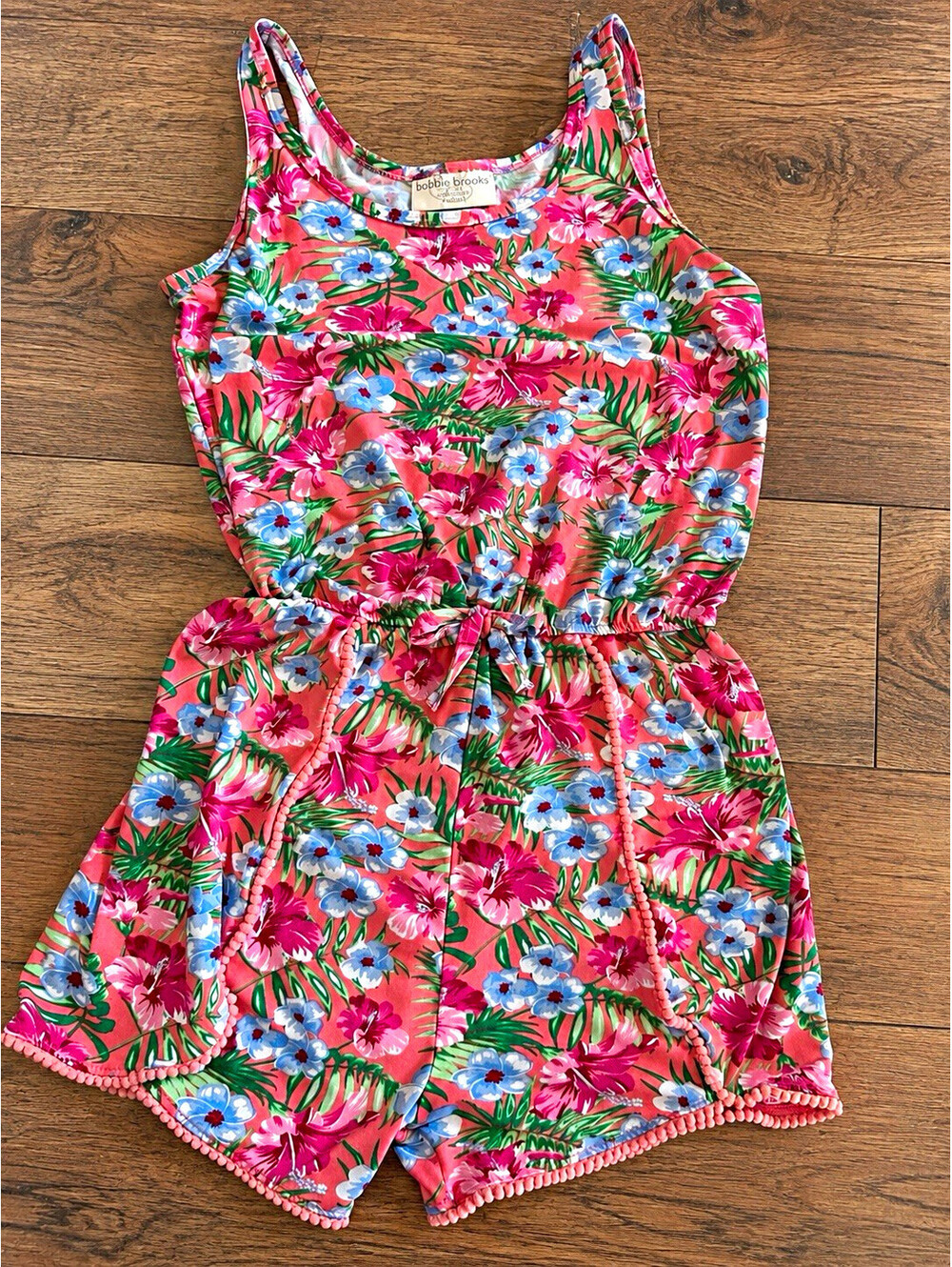 Girls 10-12 Pink Tropical Floral Sleeveless Romper Elastic Waist